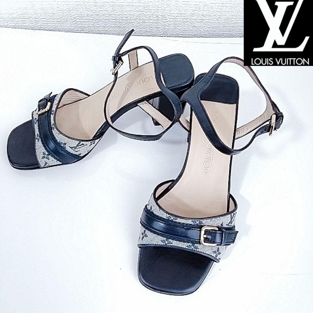 ルイヴィトン サンダル ネイビー モノグラム 35 22.5 レザー拍卖
