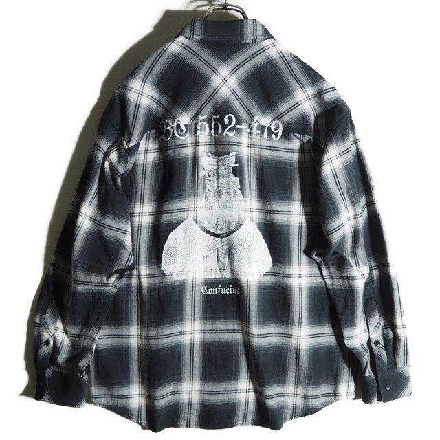 P4194f55 ■loosejoints ルーズジョインツ × Rafu ラフ■ 23AW Confucius Flannel shirt Black ネルシャツ チェック ブラック L 秋冬拍卖
