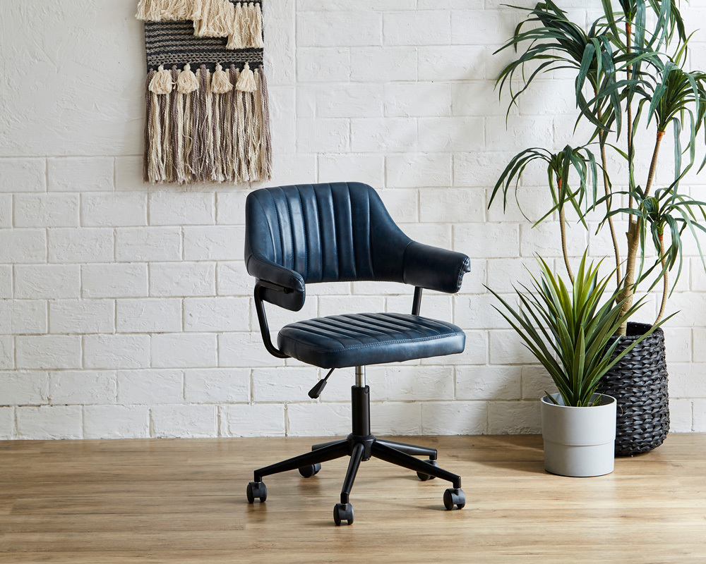 デスクチェア 肘付き 合成皮革 ネイビー色 ガス圧昇降 ヴィンテージデスクチェア 1脚単品 拍卖