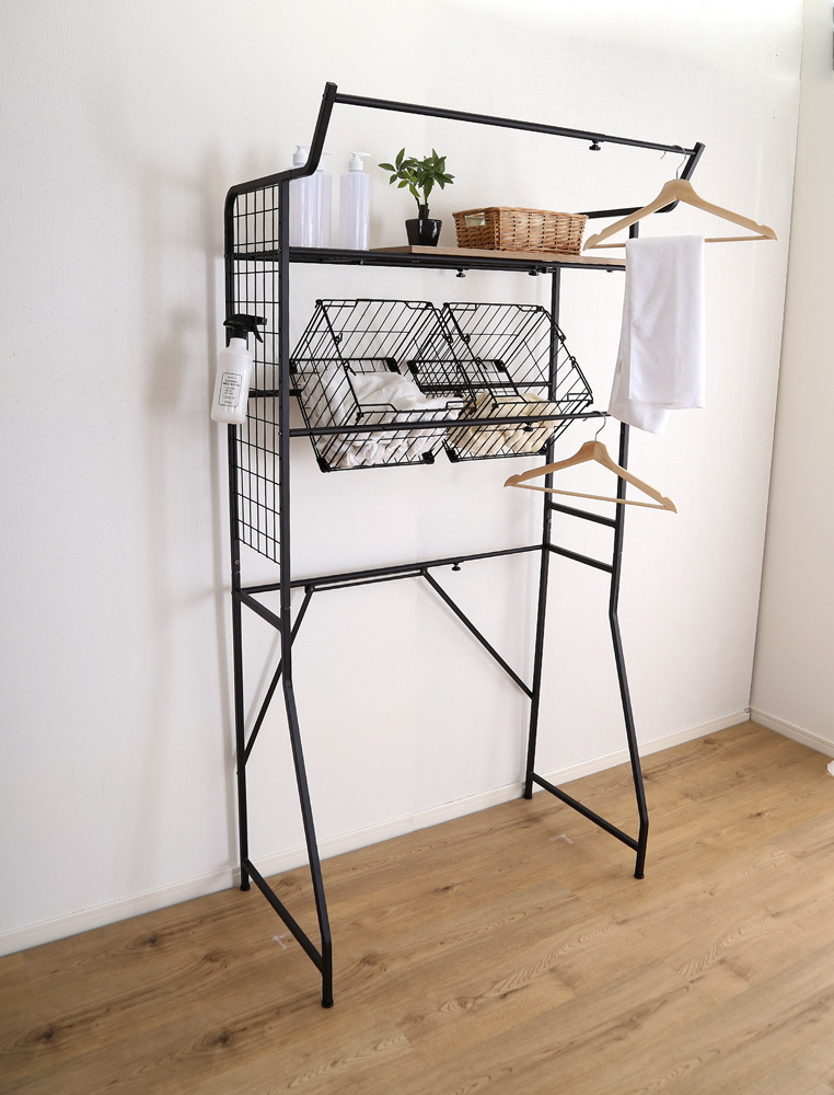 伸縮ランドリーラック バスケットタイプ ウォールナット色 ヴィンテージ 幅65cm~90cm 無段階調整拍卖