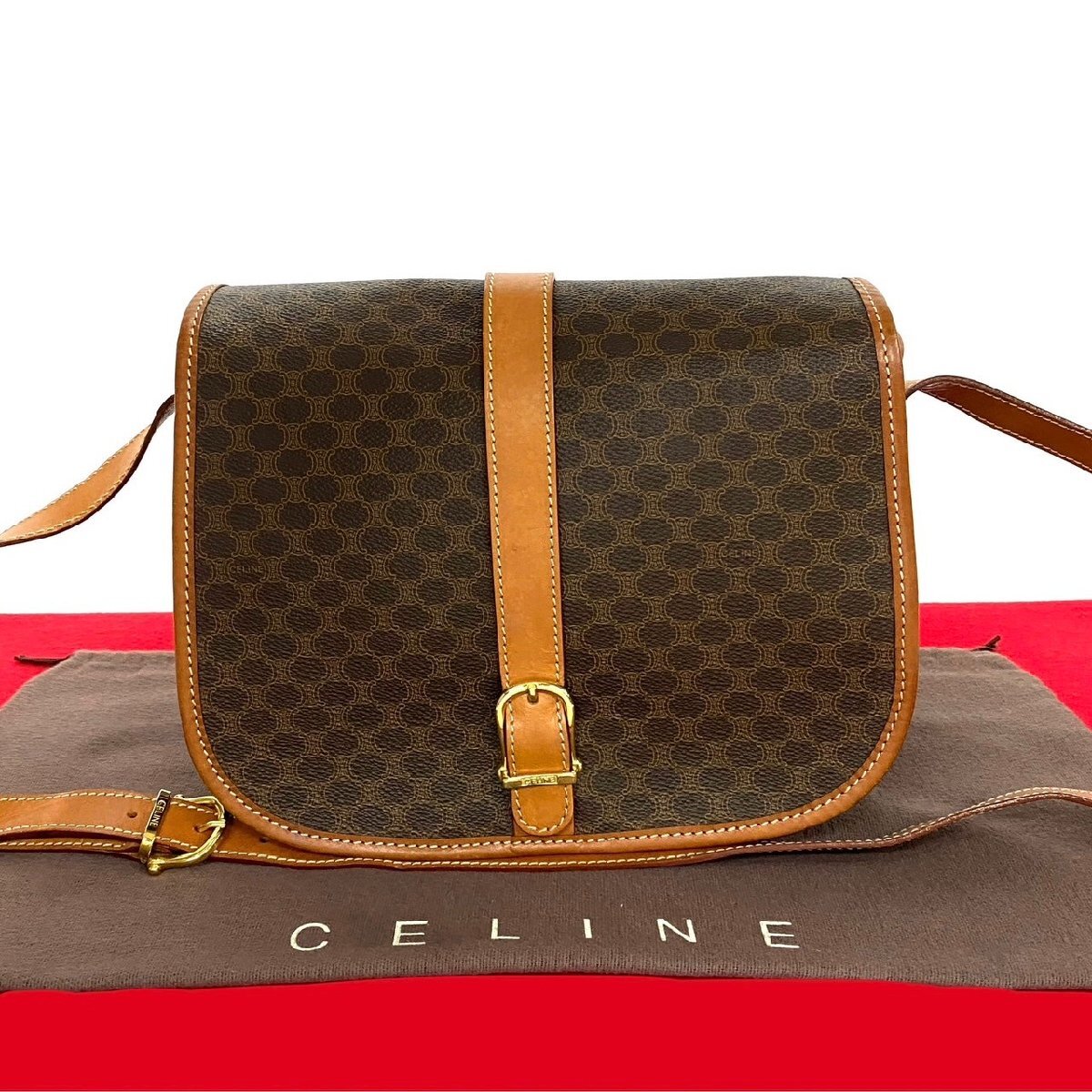 極 美品 CELINE セリーヌ ヴィンテージ マカダム ブラゾン 柄 レザー 本革 ショルダーバッグ ポシェット サコッシュ ブラウン 01-10拍卖