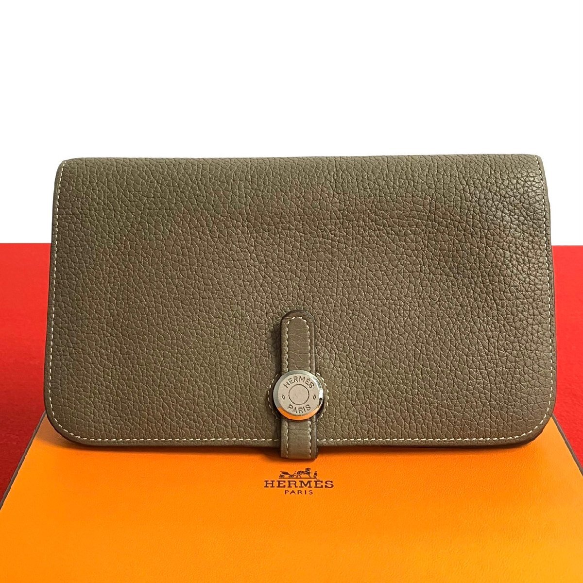 極 美品 箱付 刻印 Y 希少品 HERMES エルメス トゴン GMトリヨンクレマンス レザー 本革 二つ折り財布 長財布 ウォレット エトゥープ 18049拍卖