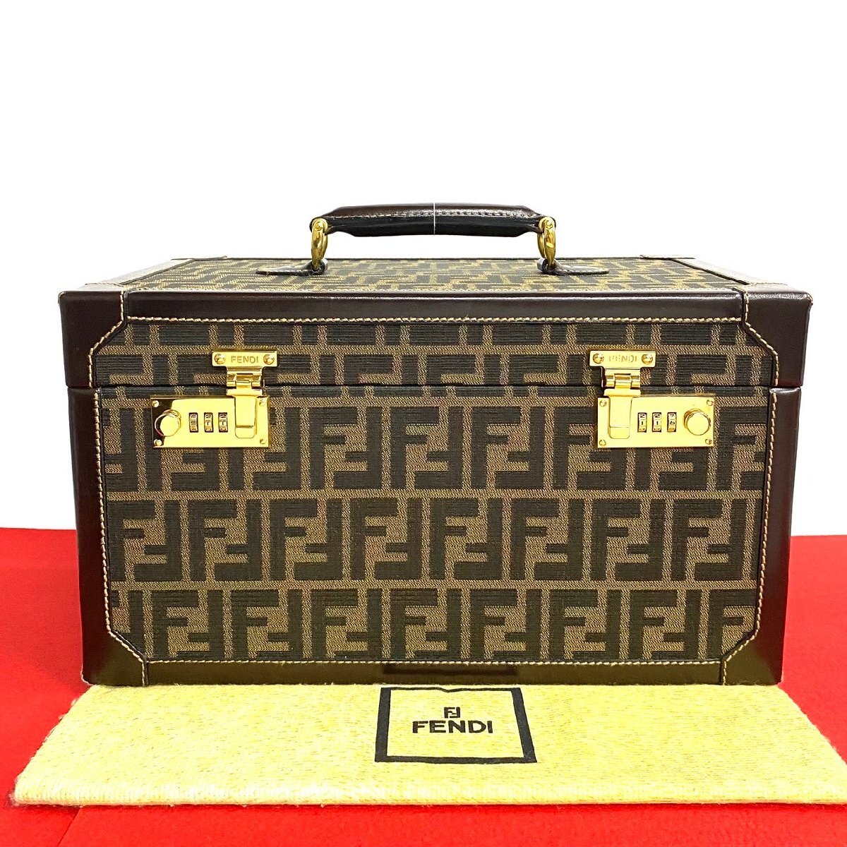 極 美品 希少品 FENDI フェンディ ズッカ FF 柄 キャンバス レザー 本革 ハンドバッグ バニティバッグ メイクボックス ブラウン 27756拍卖