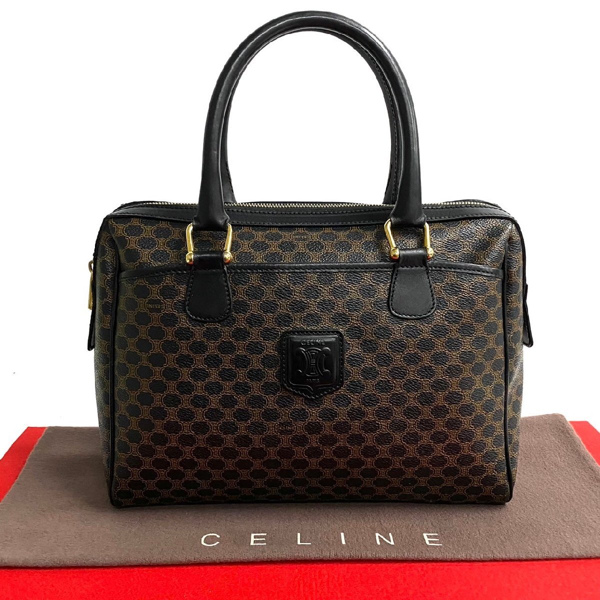 極 美品 CELINE セリーヌ ヴィンテージ マカダム ブラゾン トリオンフ 柄 レザー 本革 ハンドバッグ ミニ ボストンバッグ ブラウン 914-5拍卖