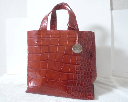 フルラ FURLA レザー ブラウン 茶 クロコ型押し トート ハンド バッグ レディース拍卖