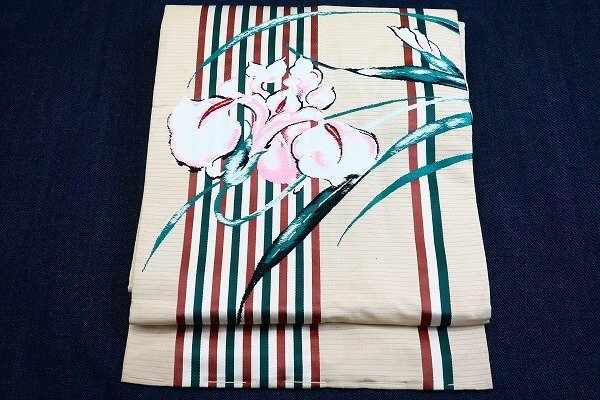 【送料無料】アンティーク 名古屋屋帯 刺繍 アイボリー 3m44cm ビビット 大正ロマン レトロ お洒落 正絹 17501拍卖