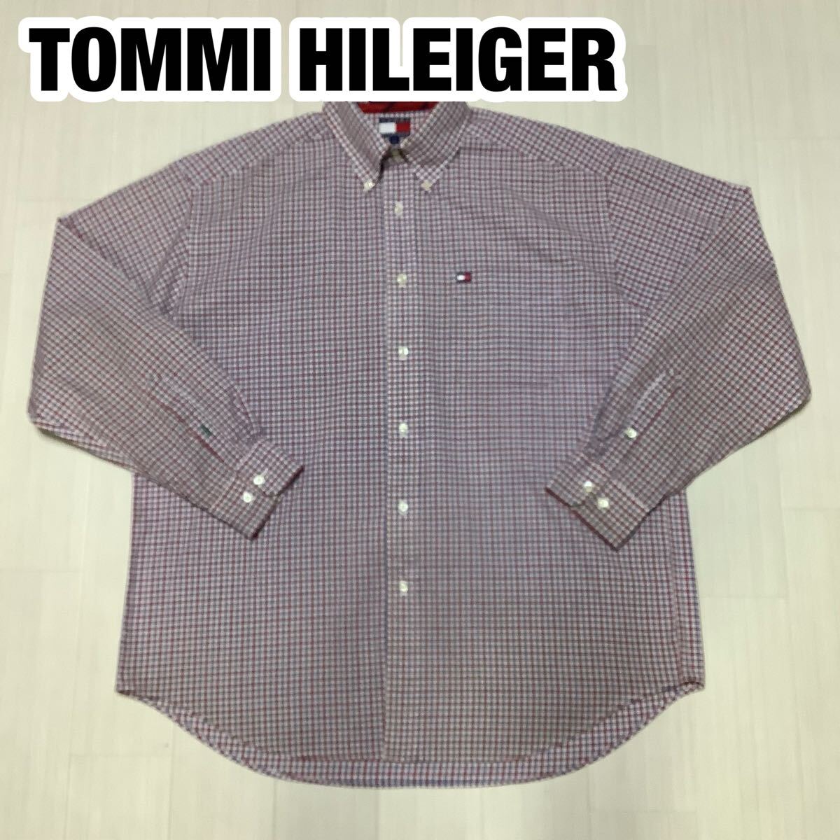 TOMMI HILEIGER トミーヒルフィガー 長袖シャツ L チェック柄 レッド×ホワイト×ブルー フラッグロゴ 刺繍ロゴ拍卖
