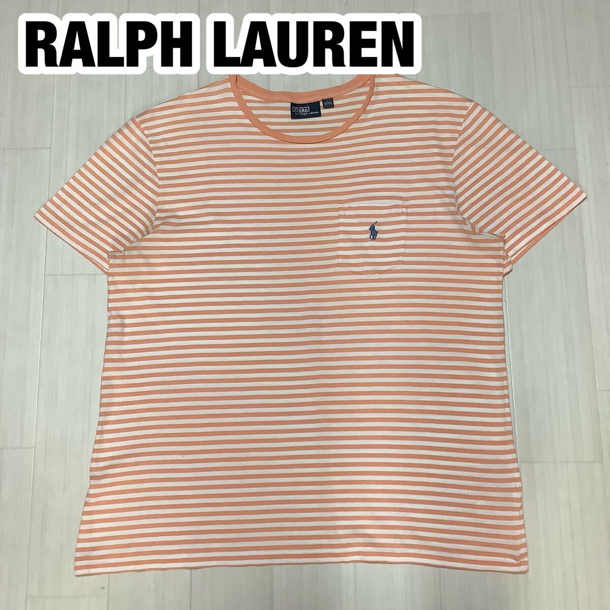 RALPH LAUREN ラルフローレン 半袖Tシャツ サーモンピンク ホワイト ボーダー柄 刺繍ポニー拍卖
