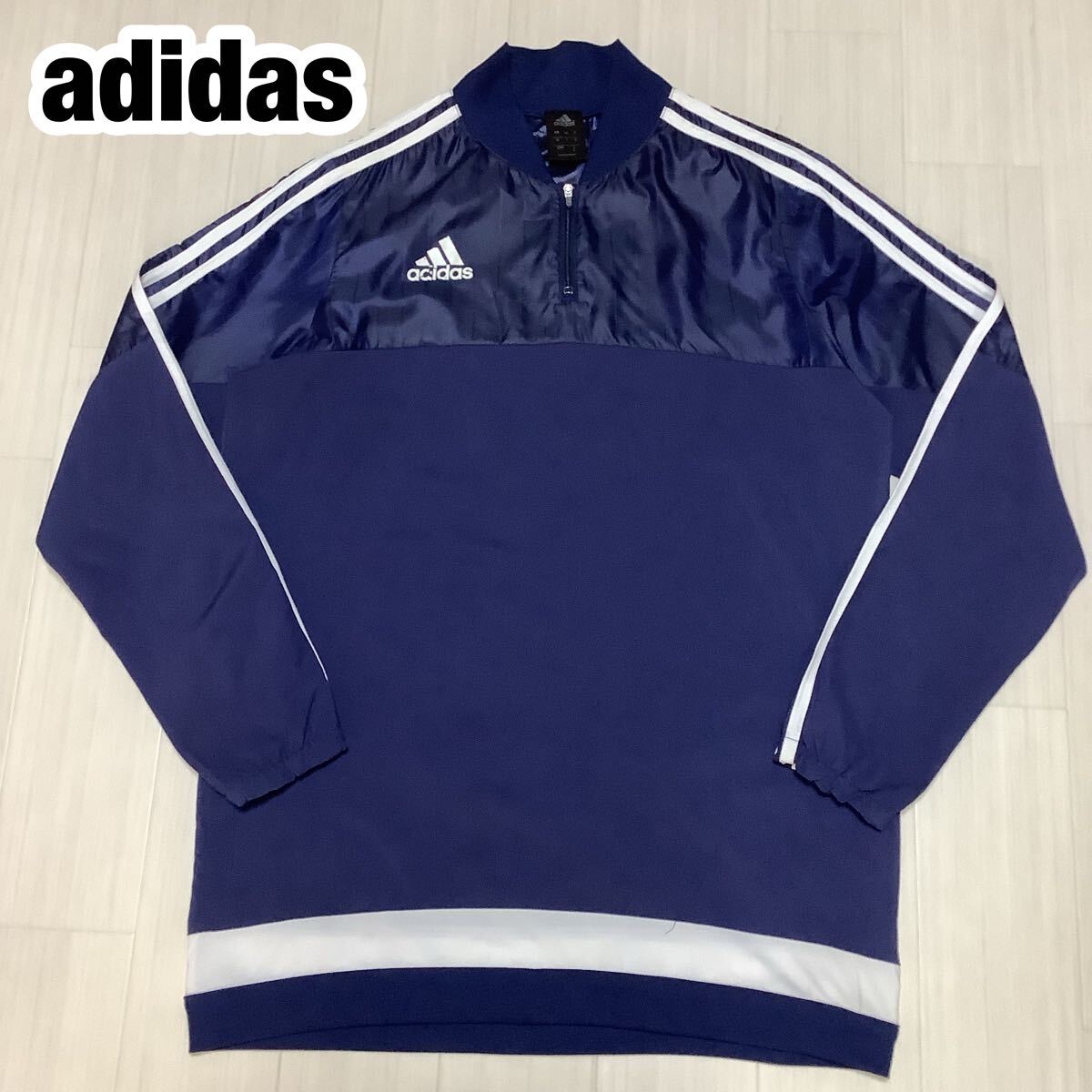adidas アディダス プルオーバーウォームアップ ジャージ ハーフジップ スリーストライプ L ネイビー拍卖