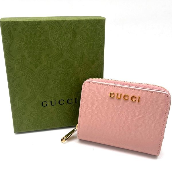 美品 GUCCI/グッチ スクリプト ミニ ウォレット 二つ折り財布 レザー ミニ財布 ライトピンク mer拍卖