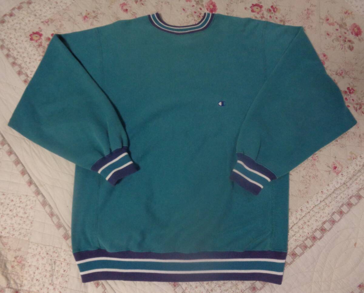 XL/刺繍タグ/90s/ビンテージ/チャンピオンChampion/リバースウィーブ/USA/リブライン/スウェット/トレーナー/グリーンパープル/キムタク拍卖