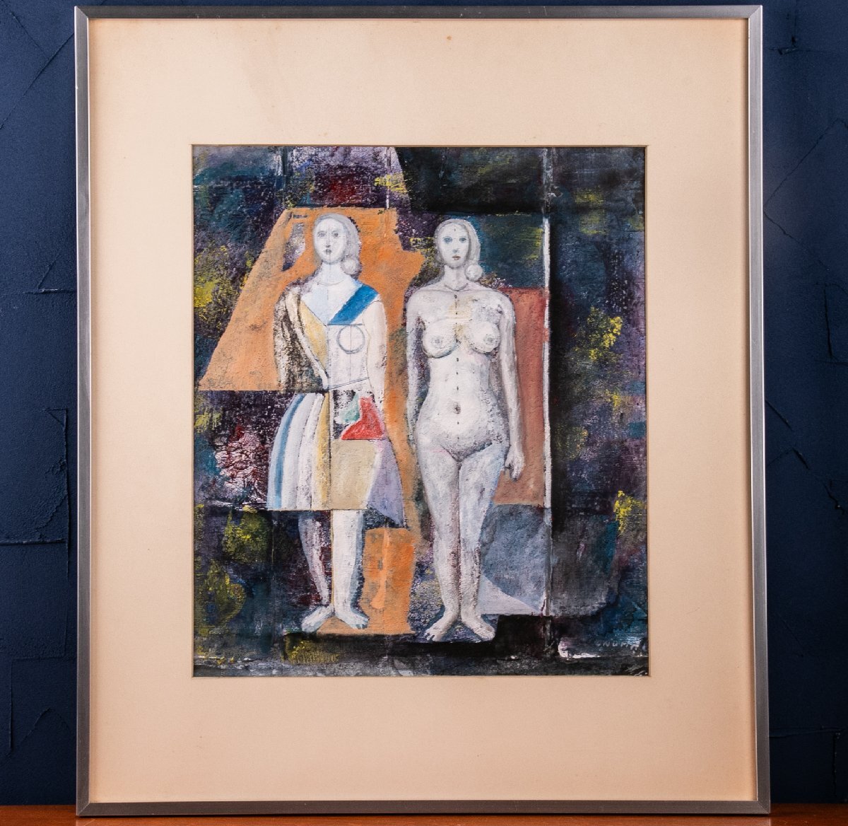 【絵画】 大沼映夫 『立っている二人』 ガッシュ 額装 E1098 画廊 インテリア カフェ リビング 古美術 骨董 古玩 抽象画拍卖