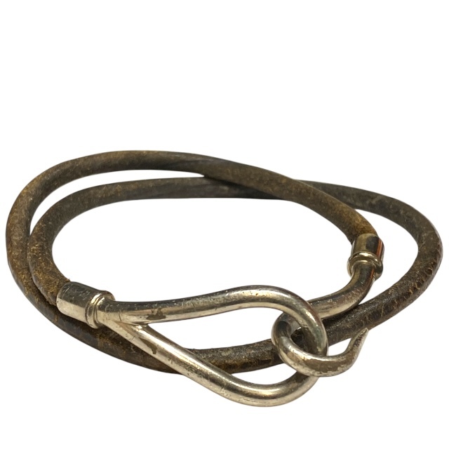 HERMES エルメス 2連 ジャンボチョーカー ジャンボブレス ブレスレット バングル アクセサリー 小物 メタル レザー シルバー ブラウン拍卖