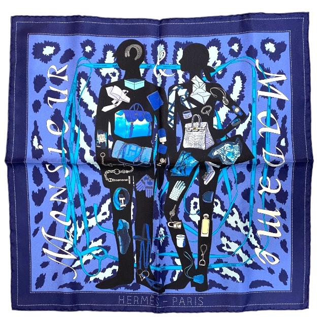 【新品】HERMES エルメス スカーフ カレ45 Monsieur et Madame ムッシュ&マダム 小物 総柄 ロゴ シルク ネイビー マルチカラー拍卖