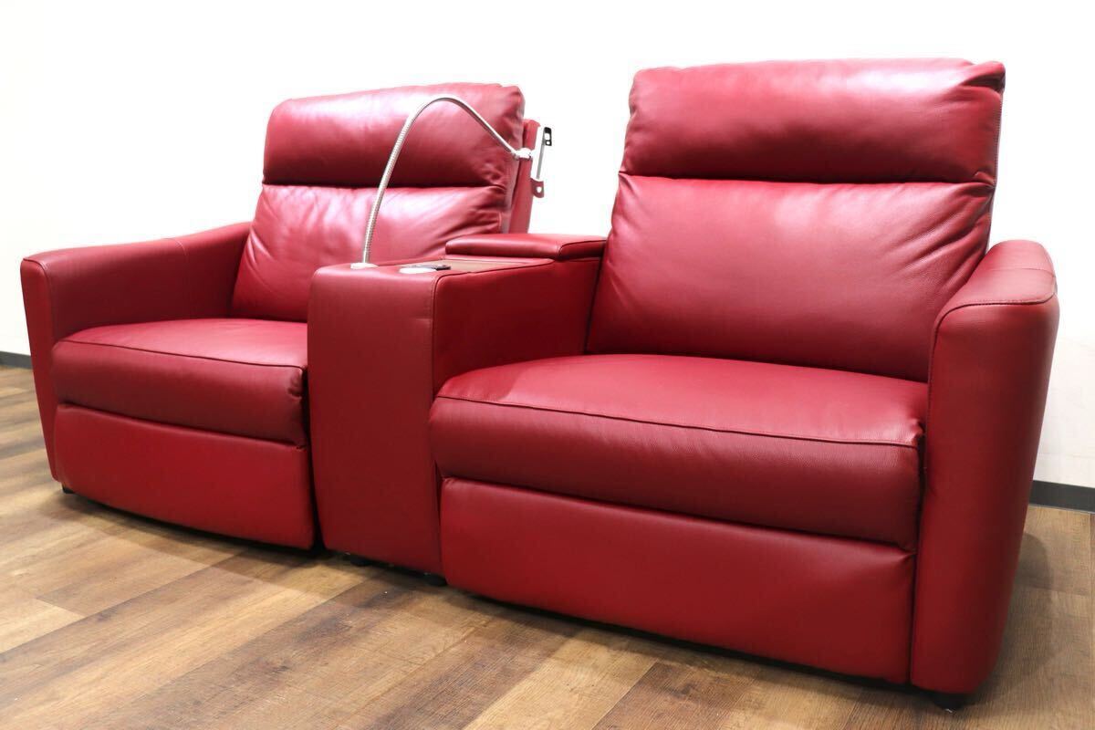 GMHH336○ニトリ / NITORI Nストラス RE 2人掛け電動リクライニングソファ ラブソファ レッド レザー ユニットテーブル 定価約16万拍卖