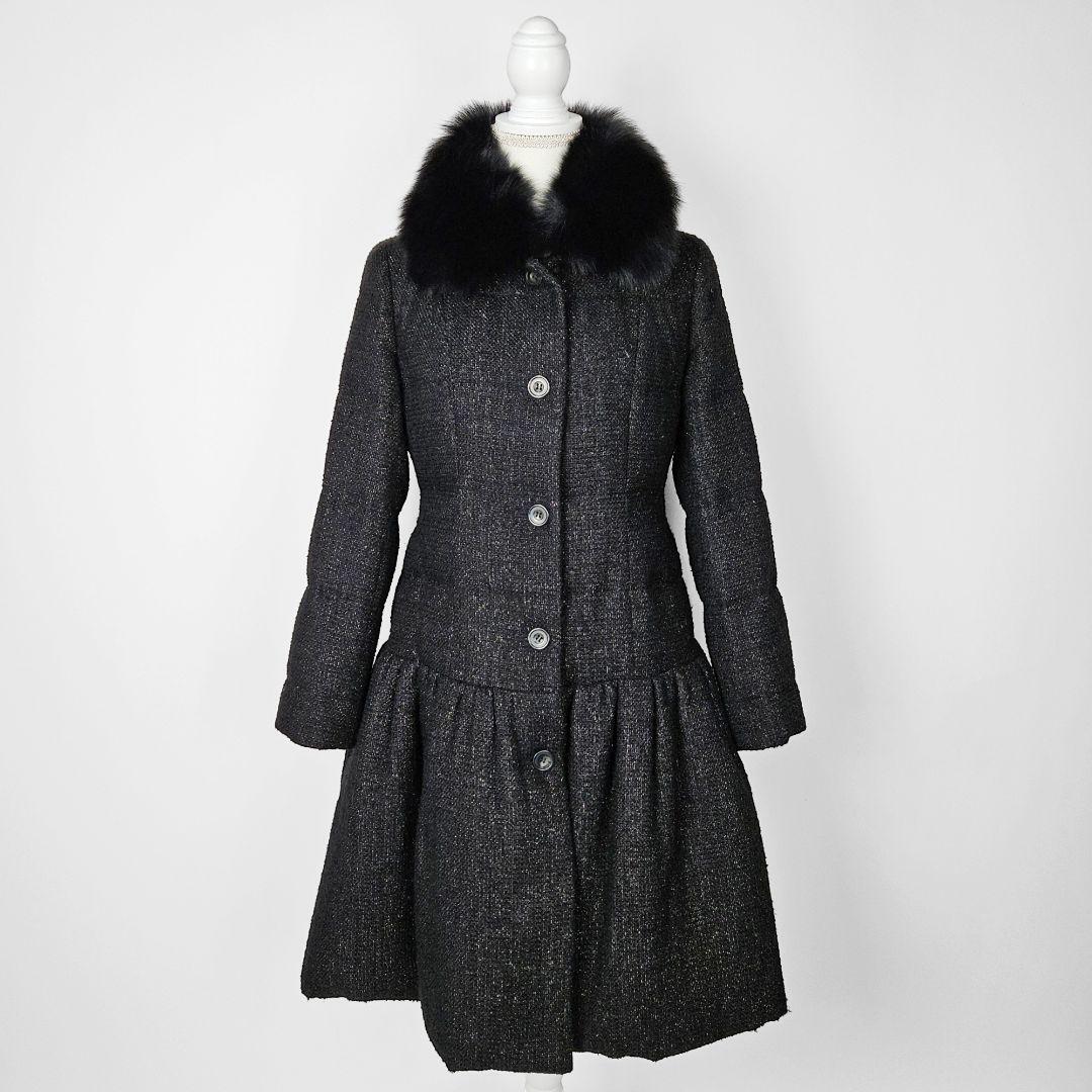【極美品】ルネ ツイード フォックス ダウンコート ラメ 34 Aライン Rene ブラック 黒 毛皮 ファー ダウン拍卖