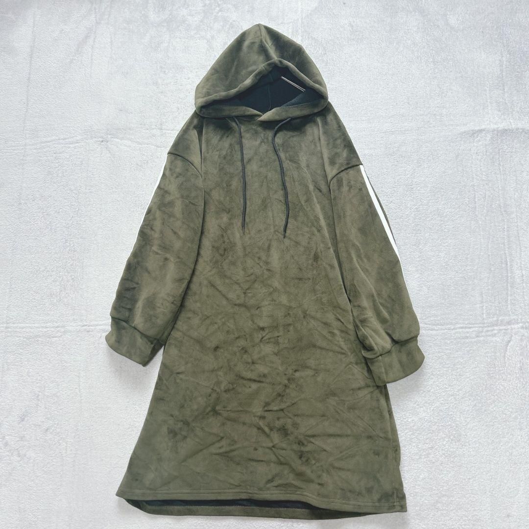 【ヴィンテージ】 (F) フード付き 裏起毛 無地 ライン 長袖 ワンピース フレア拍卖