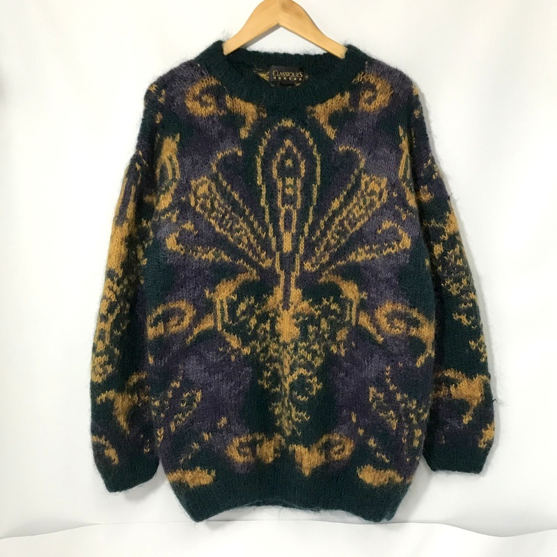 CLASSIQUES ニット セーター 総柄 香港製 ウール ロングスリーブ クルーネック カジュアル 古着 Lサイズ クラシック トップス A12264◆拍卖