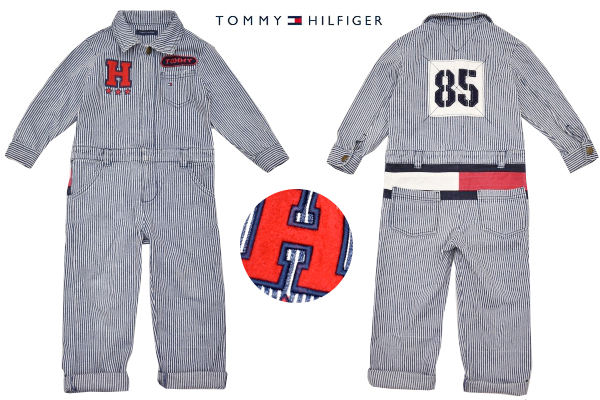 T-0191★美品★TOMMY HILFIGER トミーヒルフィガー★正規品 ヒッコリーデニム オーバーオール サロペット つなぎ 子供キッズ 100cm拍卖