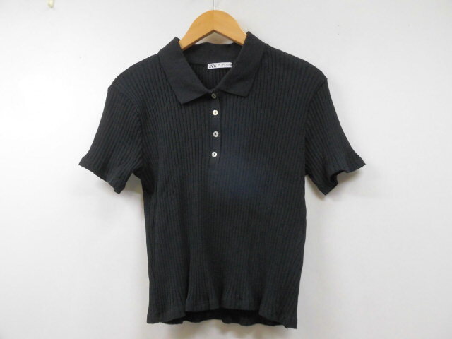 ZARA ザラ ポロシャツ ショート丈 トップス 半袖シャツ ブラック 黒 Lサイズ拍卖