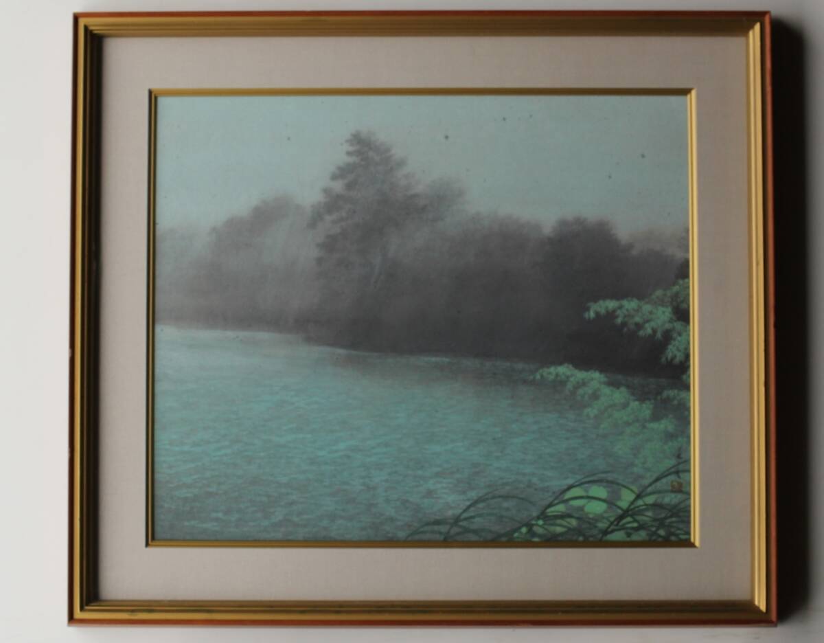 真作【の】二川和之 【雨聲】 20号 日本画額装 共シール拍卖