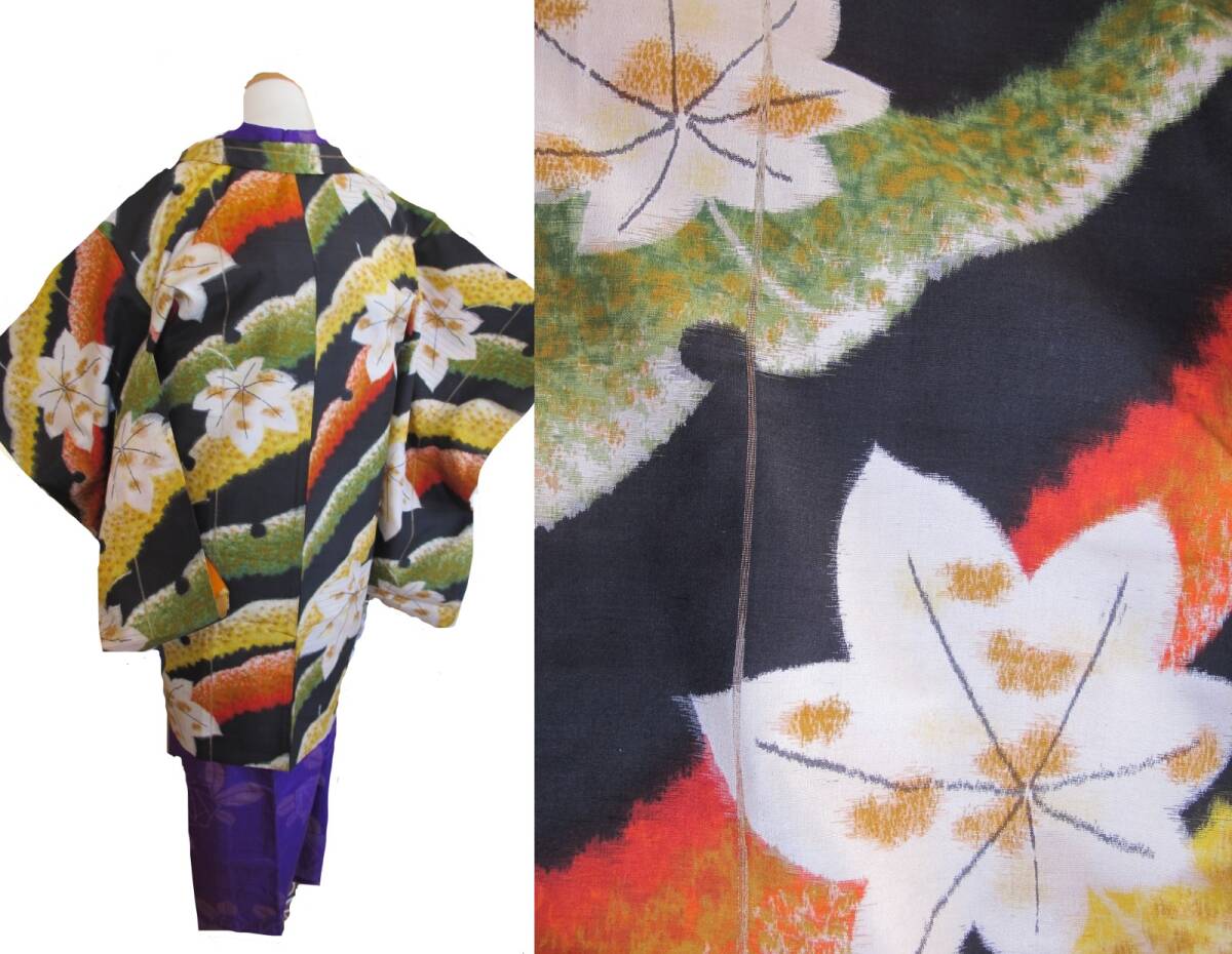 紅葉に雪輪 カラフル 黒地 アンティーク銘仙長羽織 アールヌーヴォー羽裏拍卖