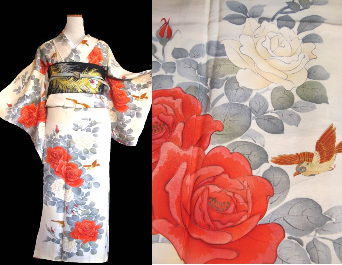 ロマンティック 大輪の薔薇に小鳥 セミアンティーク付け下げ小紋 アンティーク着物拍卖