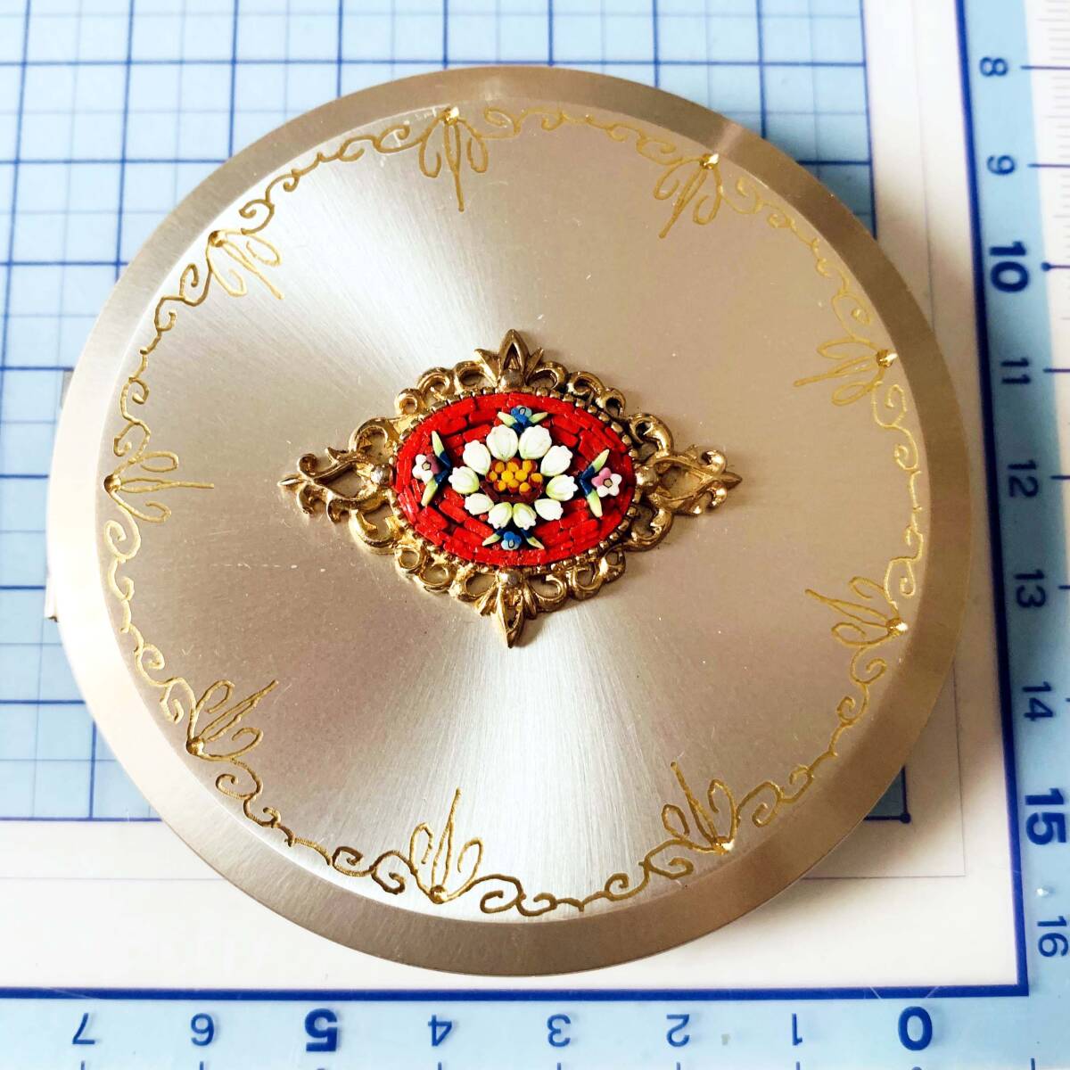 美品 モザイク細工 花 携帯鏡 ファンデーションケース No.5983拍卖