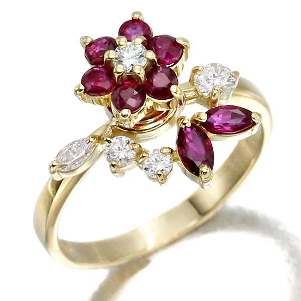 ウォルサム WALTHAM K18YG フラワーモチーフ スウィング ルビー ダイヤモンド リング 11号 イエローゴールド750 ブランド 女性 レディース拍卖