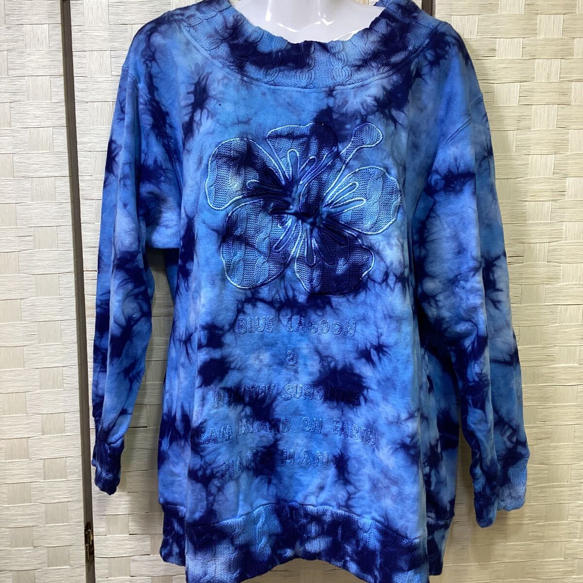 パーカー トレーナー 青 ハイビスカス柄 90年代 さ-53拍卖