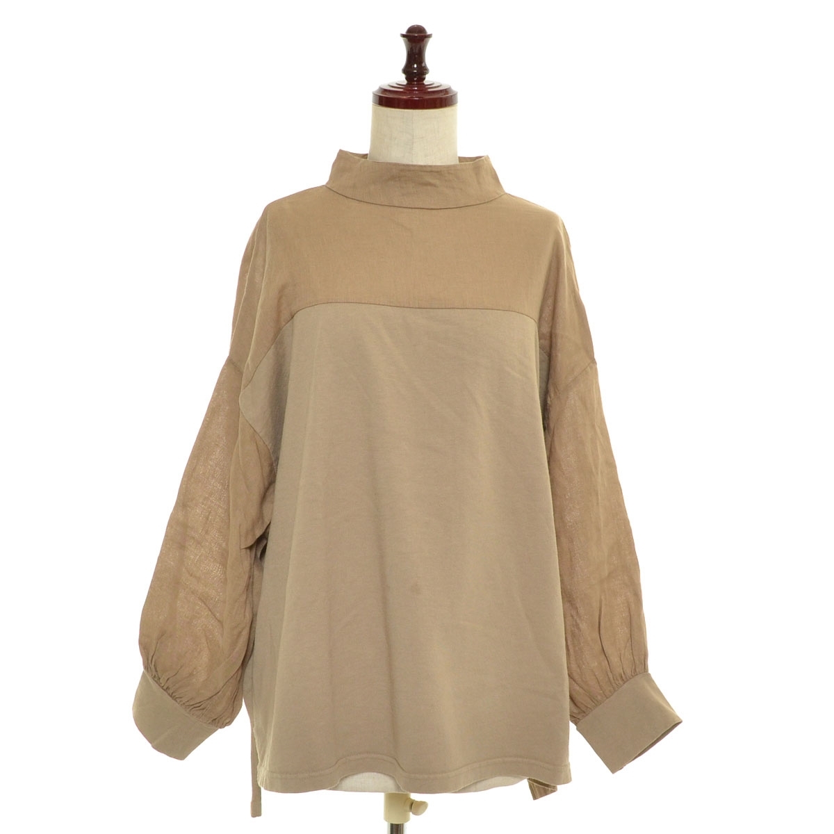 □528736 UNIVERSAL SEVEN ○長袖カットソー ブラウス アメリカンコットン モックネックプルオーバー レディース 日本製 ライトブラウン拍卖