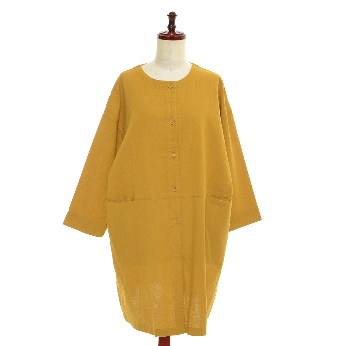 □528984 CLOUDNINE クラウドナイン ノンノ ○コットンリネンワンピース ノーカラーボタンシャツワンピース サイズM~L 綿麻 イエロー拍卖