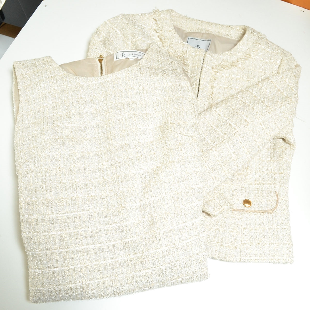 □529656 ROPE PICNIC ロペピクニック ジュン ○上下セットアップ ツイードジャケット ワンピース サイズ38 レディース オフホワイト拍卖