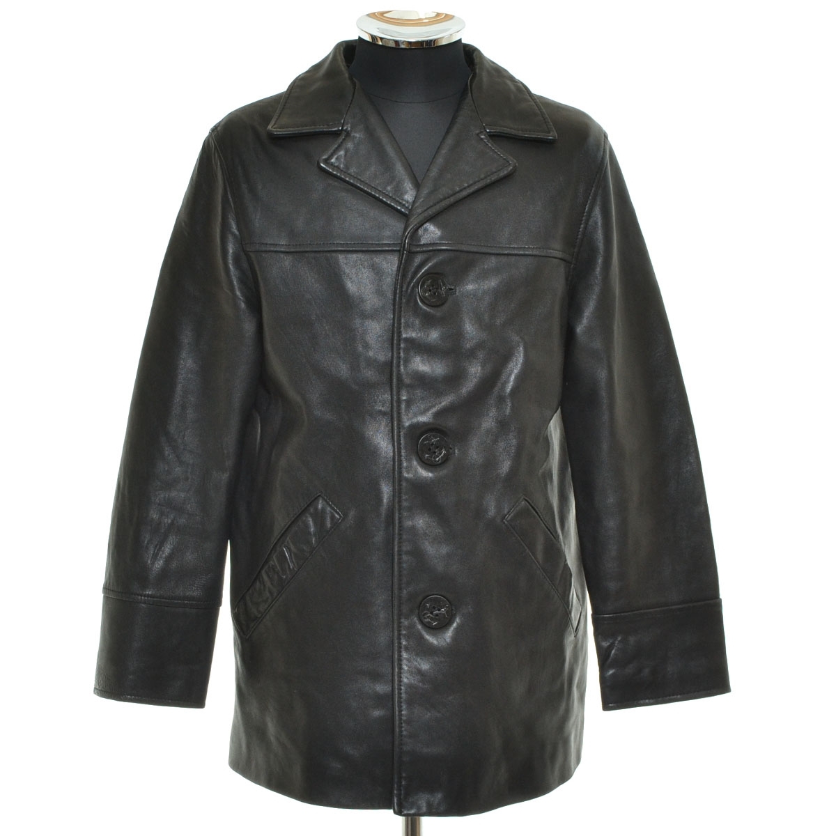 ●530126 JOHN CARLISLE ●ラムレザージャケット Pコート シングルピーコート サイズS メンズ ブラック拍卖