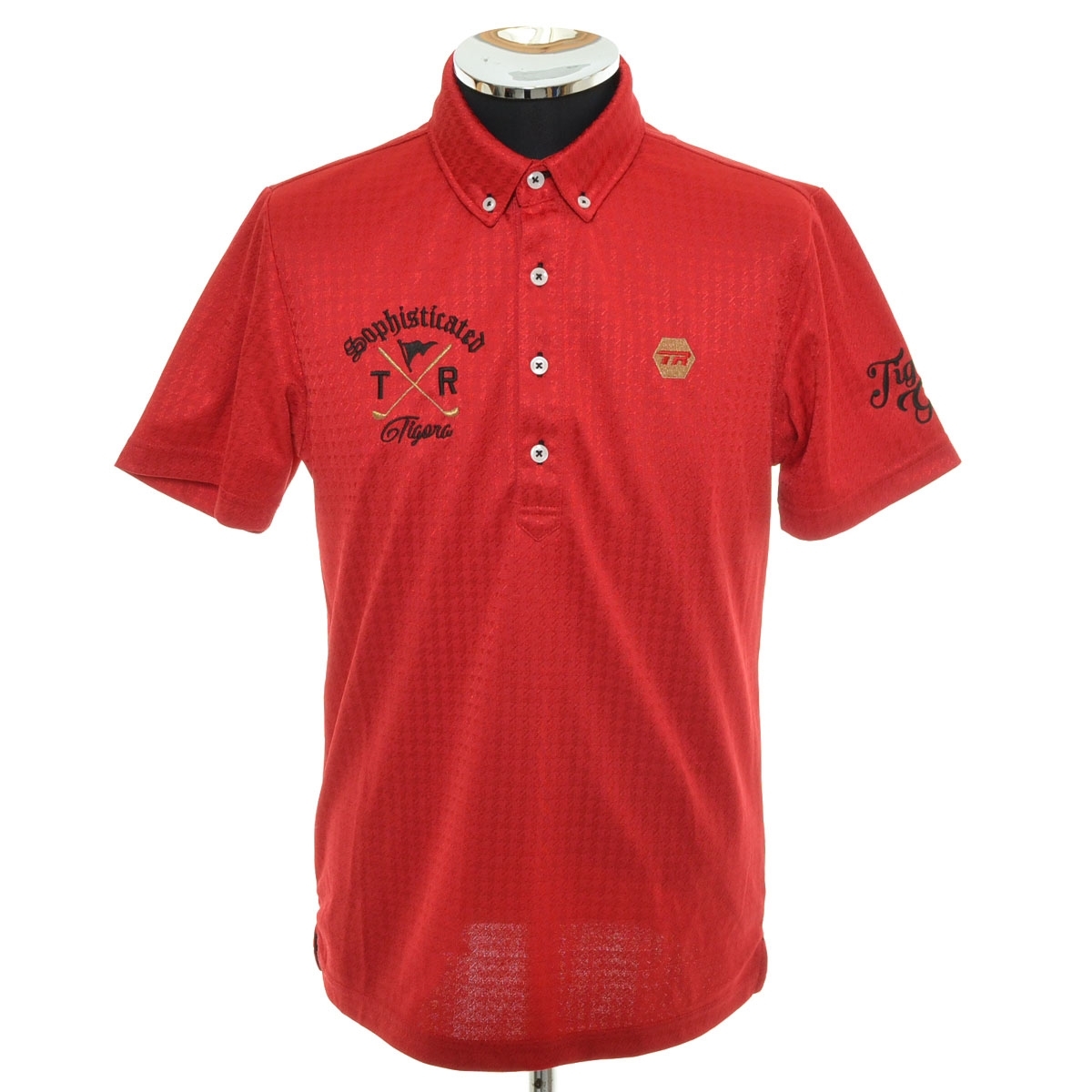 〇527547 TIGORA ティゴラ IGNIO イグニオ ○ポロシャツ ボタンダウン 半袖 千鳥格子 サイズM メンズ レッド チェック拍卖