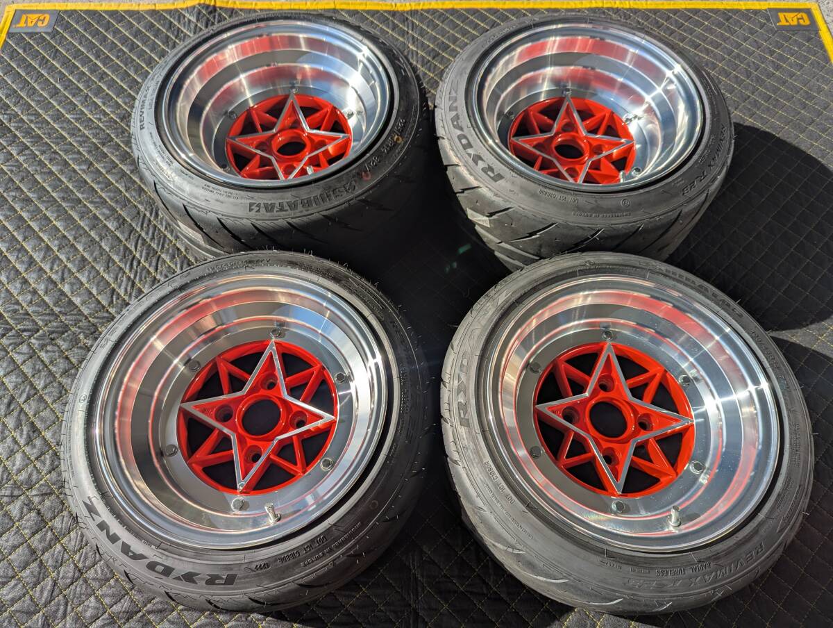 復刻版スターシャーク 中古美品! 前後サイズ違い 14インチ 8J-13×9J-26 4H PCD114.3 4本セット シバタイヤバリ溝 旧車(NH倉庫:管理028)拍卖