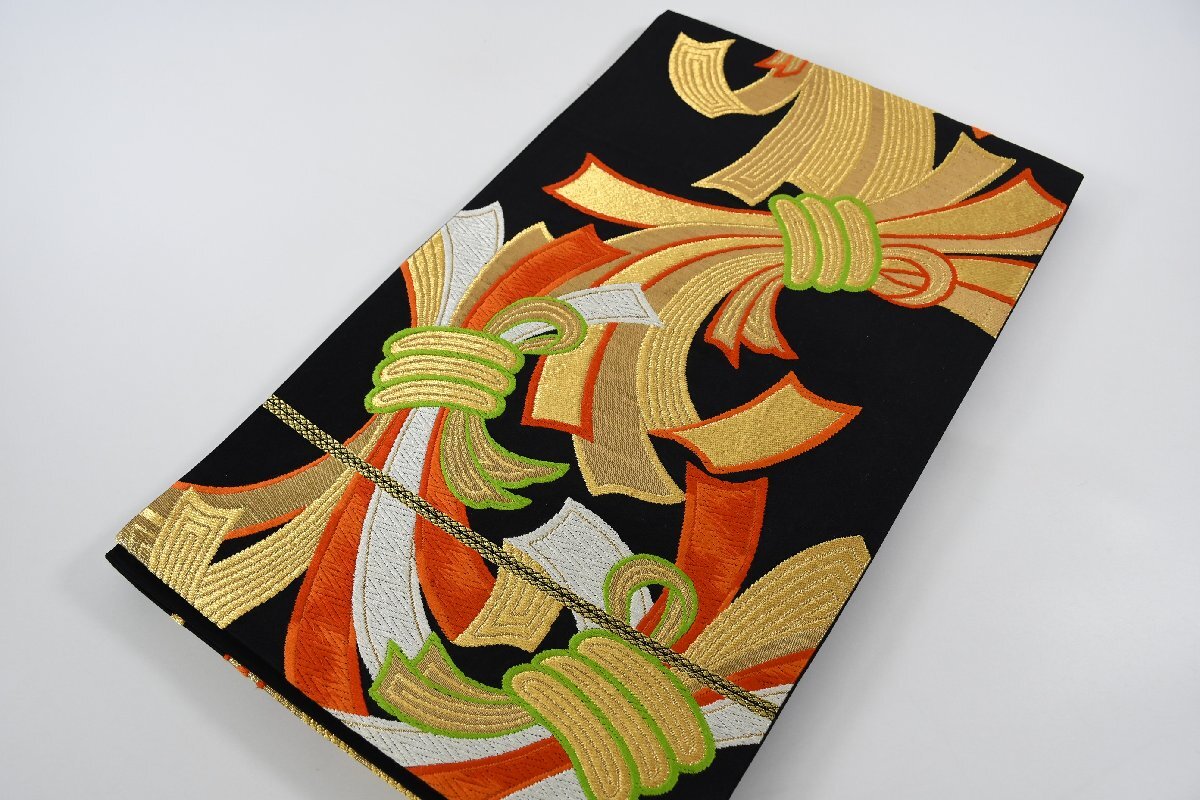 袋名古屋帯 六通柄 黒 熨斗 金糸 帯丈408cm ★着物屋 ne-13283 桜庭呉服店拍卖