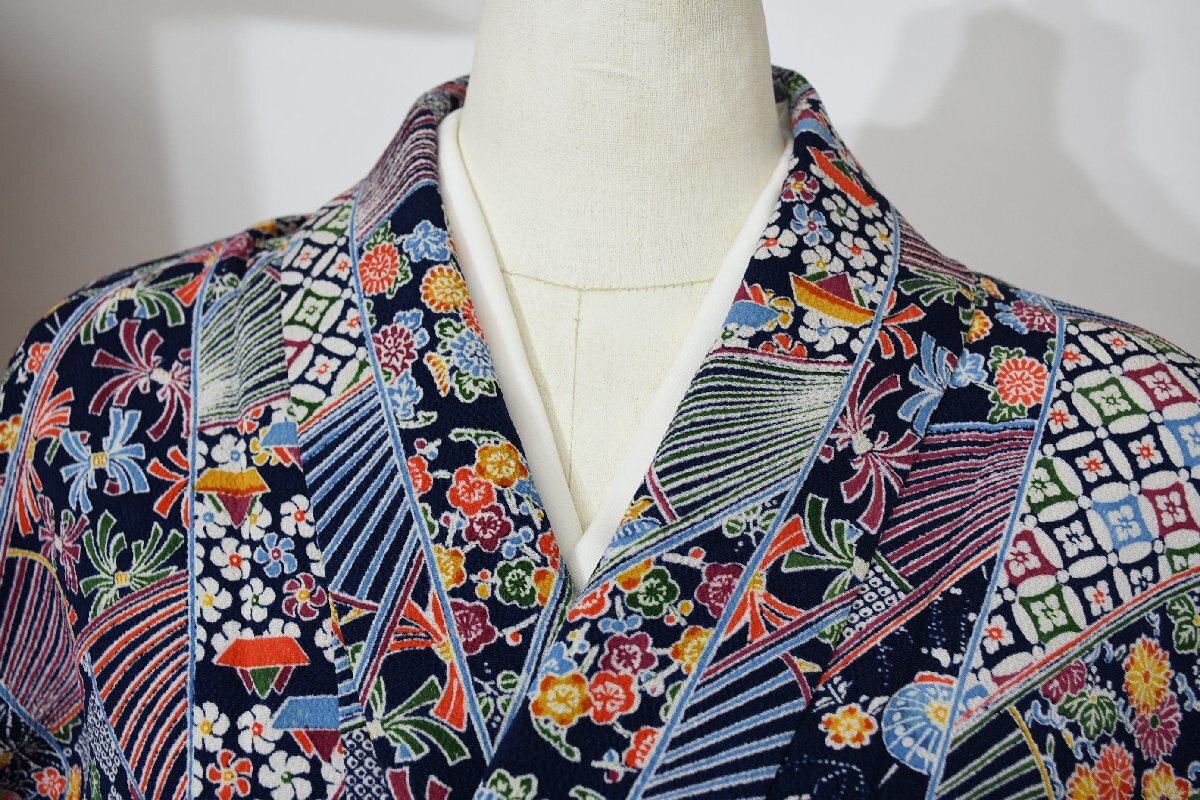 小紋 着物 袷 縮緬 熨斗 花 菊 身丈158cm 裄丈65cm ★ kb-6438 桜庭呉服店拍卖
