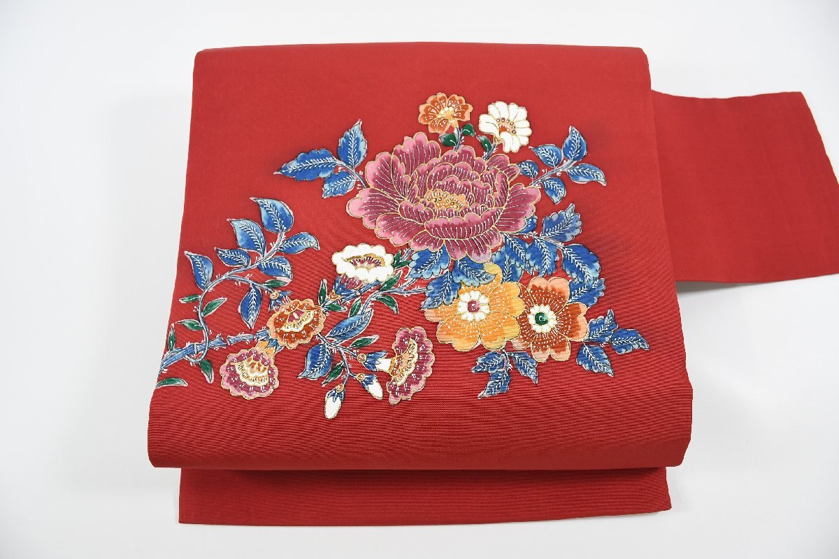 名古屋帯 塩瀬 手描き 花 帯丈364cm ★着物屋 ne-13341 桜庭呉服店拍卖