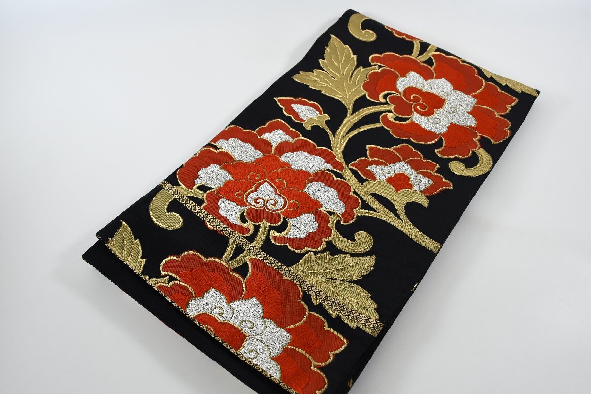 袋名古屋帯 六通柄 金糸 唐花文様 黒 未仕立て 帯丈416cm ★着物屋 ne-13361 桜庭呉服店拍卖