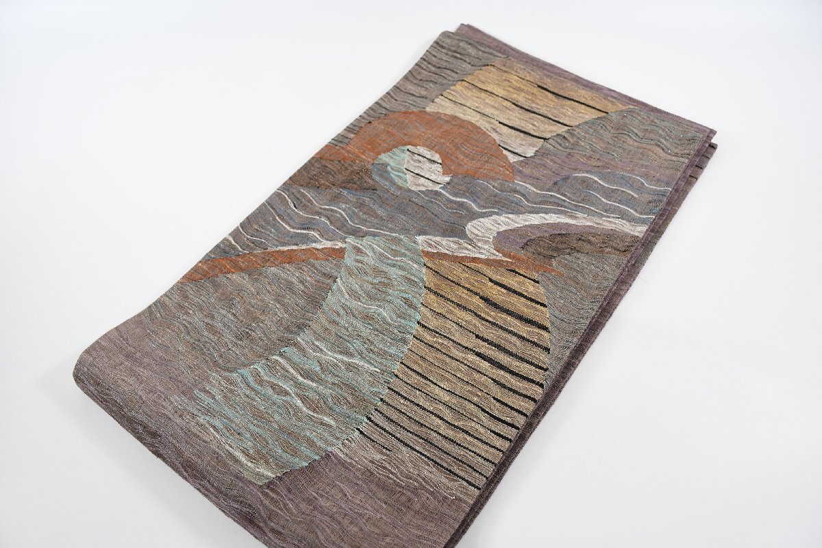 袋帯 お太鼓柄 すくい織 幾何学模様 よろけ縞 帯丈442cm ★着物屋 ne-13363 桜庭呉服店拍卖