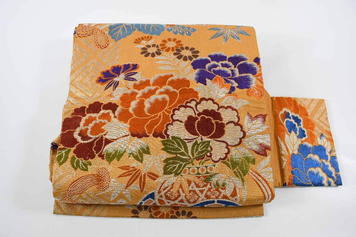 名古屋帯 アンティーク 花車 秋草 帯丈359cm ★着物屋 ne-13463 桜庭呉服店拍卖