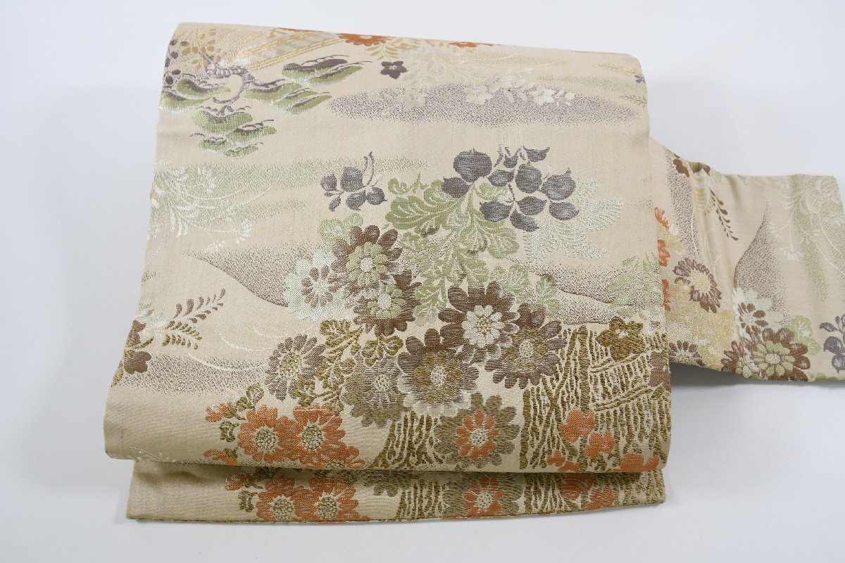 名古屋帯 アンティーク 花 秋草 自然文様 帯丈334cm ★着物屋 ne-13499 桜庭呉服店拍卖