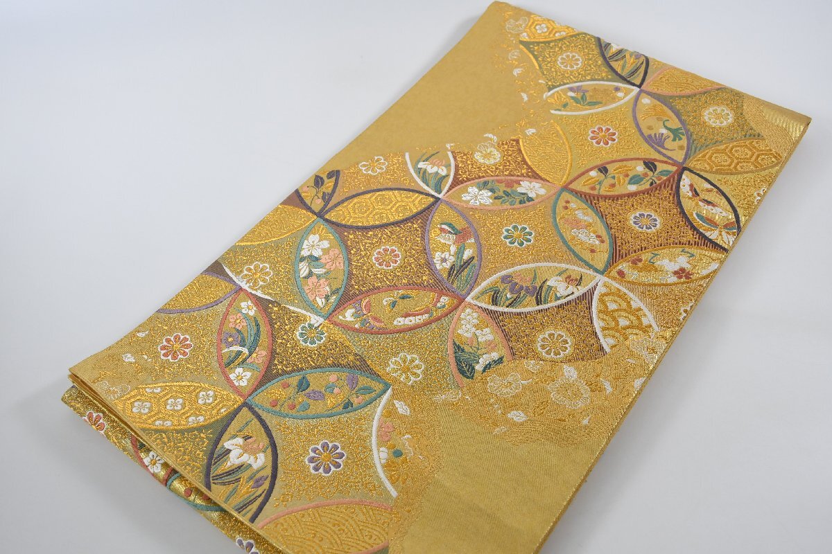 高級 袋帯 七宝花比べ 引箔袋 金糸 帯丈440cm ★着物屋 ne-13910 桜庭呉服店拍卖