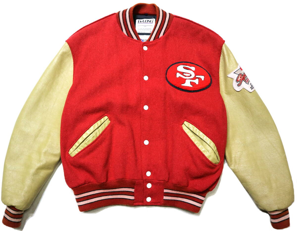 程度良好!◆USA製 DeLONG NFL サンフランシスコ・49ers 袖革スタジャン◆44(Lサイズ相当:身長174-176センチ位)拍卖