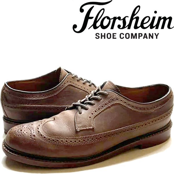 1点物◆フローシャイム茶ウィングチップ革靴レザーシューズ古着メンズ28レディースOKアメカジ90sストリート中古ブローグUSAブランド373857拍卖