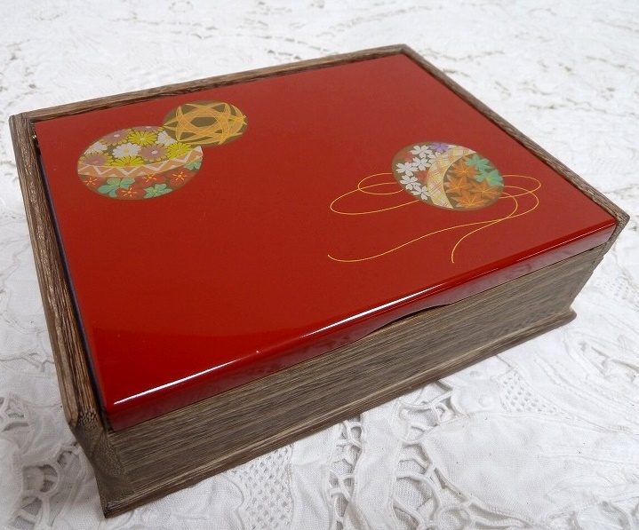 (☆BM)会津漆器 桐 手毬 漆芸 小物入れ 漆器 ジュエリーケース 横幅18.5㎝ フリーボックス 朱赤 レトロ 日本伝統工芸拍卖