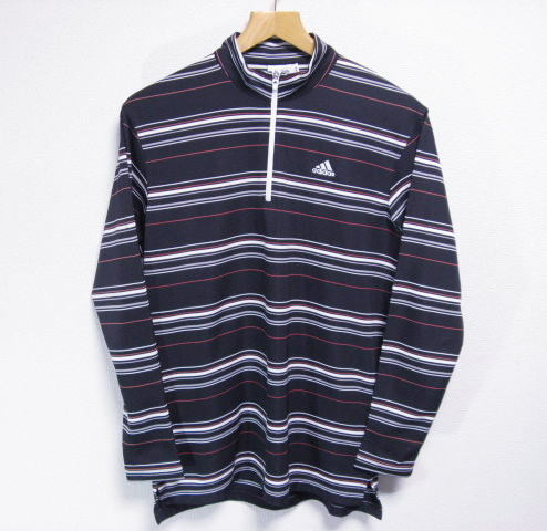 adidas golf アディダスゴルフ 長袖 ハーフジップシャツ 黒ボーダー柄 M拍卖