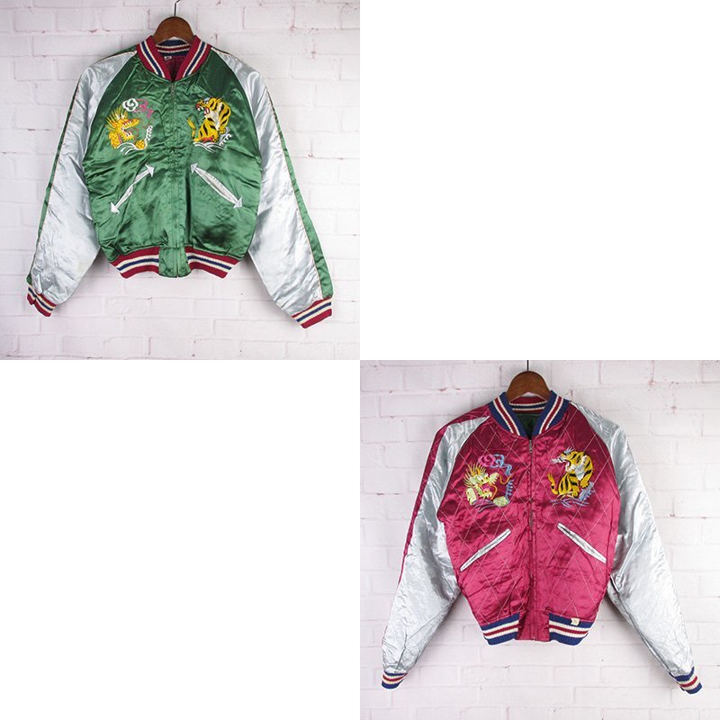 MFJ25689 ビンテージ 40-50s スカジャン 手曲げ三輪ジッパー 中綿入り グリーン系×レッド系 S拍卖