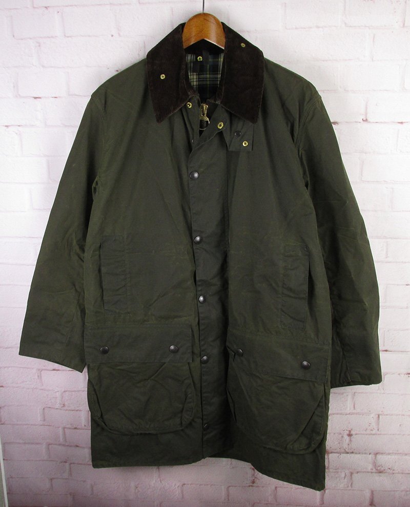 LFJ25882 ビンテージ Barbour バブアー 80s ボーダー オイルドコート 87年製 イングランド製 2ワラント オリーブ系 97cm/38in拍卖